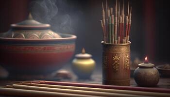 aromatique encens des bâtons dans une traditionnel chinois réglage ai généré photo