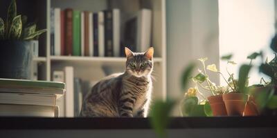 sophistiqué félin une chat dans une moderne appartement entouré par livres ai généré photo