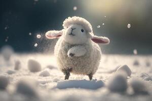 joyeux et mignonne mouton ayant amusement dans le neige pendant une glacial hiver ai généré photo