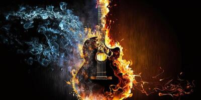 brûlant guitare eith flammes et coloré fumée ai généré photo