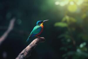 coloré oiseau perché sur une branche dans le forêt tropicale ai généré photo