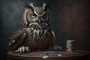 hibou est assis à une poker table dans une club ai généré photo