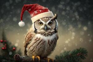 hibou avec une Père Noël chapeau sur une branche ai généré photo