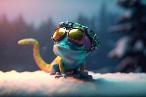 se détendre dans le neige cool photoréaliste dessin animé caméléon avec neige des lunettes de protection ai généré photo