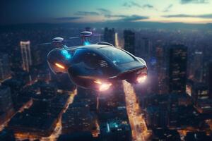 en volant voitures dans le ville une futuriste propulsé par l'IA concept illustration ai généré photo