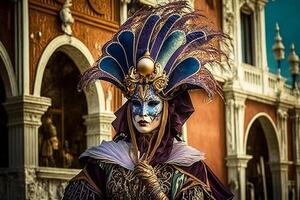 célébrer carnaval dans Venise gens dans de fête masques et costumes ai généré photo