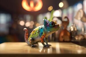 coloré caméléon sur boutique compteur avec flou intérieur conception dans Contexte ai généré photo