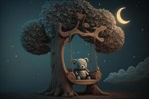 Conte de fée illustration de un vieux arbre avec une en bois balançoire ensemble avec lune dans le soir. solitaire nounours. la solitude ai généré photo