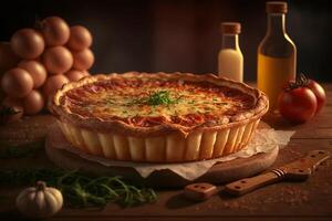 sarriette et classique Quiche lorraine avec jambon, œufs, et Gruyère fromage sur une croustillant croûte ai généré photo