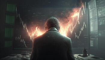le orageux Commerçant une mystique image de une homme en train de regarder une Stock marché crash sur une écran ai généré photo