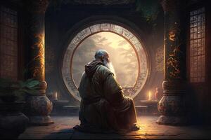 contemplatif confucius dans enchanté chinois temple entouré par mystique lumière ai généré photo