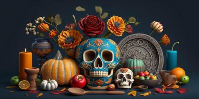 vibrant coloré encore la vie de décoré crânes avec citrouilles, bougies et traditionnel mexicain décor célébrer journée de le mort - dia de muertos ai généré photo