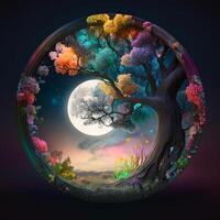 illustration fantaisie Fée conte arbre paysage avec lune dans le soir ai généré contenu ai généré photo