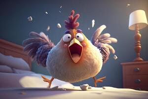 sauvage poulet courir une fou course sur une lit dans une chambre ai généré photo