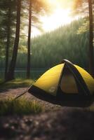 Matin reflets une tente par le forêt Lac à aube, camping ai généré photo