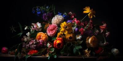 vibrant bouquet une La peinture de coloré fleurs contre une foncé Contexte ai généré photo