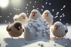 troupeau de marrant poulets ayant amusement dans le neige ai généré photo