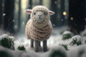 joyeux et mignonne mouton ayant amusement dans le neige pendant une glacial hiver ai généré photo