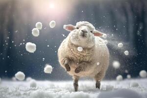 joyeux et mignonne mouton ayant amusement dans le neige pendant une glacial hiver ai généré photo