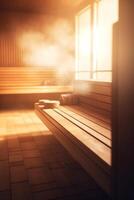 radiant sauna une serein échapper avec rayons de soleil et chaud bois ai généré photo