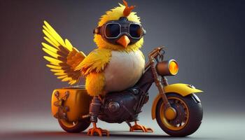 monter en régime en haut amusement cool poulet dans une gonflé jouet moto ai généré photo