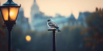 Urbain faune majestueux oiseau sur une ville lampe Publier à crépuscule ai généré photo