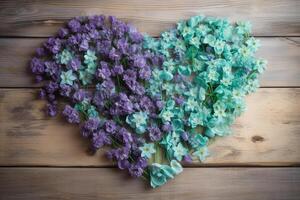 en forme de coeur bleu fleurs sur lumière en bois Contexte ai généré photo