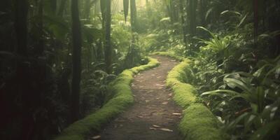 errant par le luxuriant forêt tropicale une chemin Moins voyagé ai généré photo