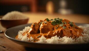 grésillant beurre poulet, aromatique Indien plat, fumant sur foncé Contexte ai généré photo