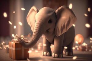peu mignonne l'éléphant en portant une Noël présent avec joyeux expression ai généré photo