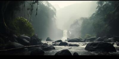 sérénité dans le jungle une rivière fonctionnement par le verdure ai généré photo