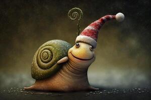 une marrant content escargot pour Noël avec Noël décorations ai généré photo