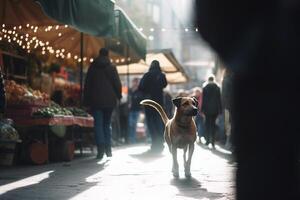 solitaire chien sur une occupé marché recherche pour ses propriétaire ai généré photo