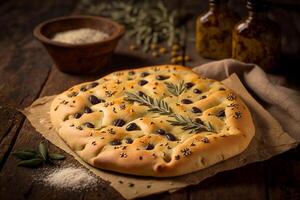une tranche de Provence aromatique fougasse pain avec olive pétrole et herbes ai généré photo