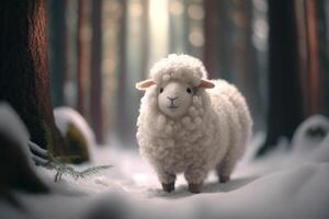 joyeux et mignonne mouton ayant amusement dans le neige pendant une glacial hiver ai généré photo