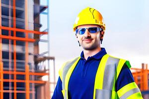 portrait de une souriant construction ouvrier sur le Contexte de une bâtiment. génératif ai. photo