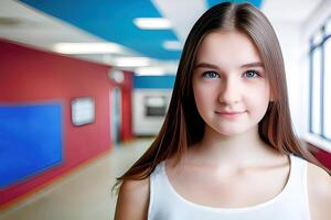 magnifique Jeune femme étudiant dans Salle de classe. génératif ai. photo