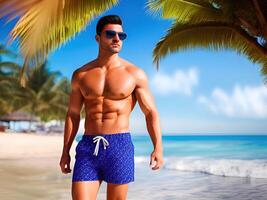 Beau Jeune homme sur tropical plage. été vacances. génératif ai photo