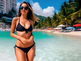 magnifique Jeune femme sur le plage. été vacances. génératif ai photo