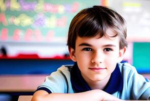 garçon étudiant dans Salle de classe. génératif ai. photo