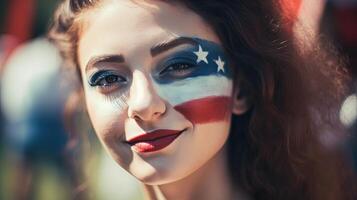 étourdissant à la recherche nationale amoureux femme visage peint ou maquillage Etats-Unis drapeau couleur. 4e juillet indépendance journée ou américain un événement fête image. photo