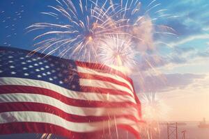 patriotique esprit de le uni État, un américain drapeau déployé contre Contexte de feux d'artifice célébrer indépendance journée. génératif ai technologie. photo