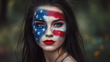 étourdissant à la recherche nationale amoureux femme visage peint ou maquillage Etats-Unis drapeau couleur. 4e juillet indépendance journée ou américain un événement fête image. photo