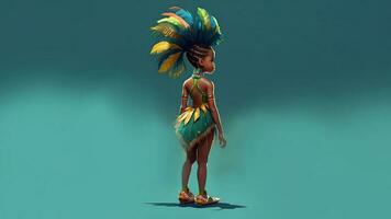 3d rendre, côté vue de brésilien Jeune fille personnage portant samba Danseur tenue sur turquoise Contexte et copie espace. photo