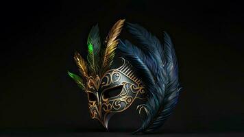 3d rendre de à plumes mascarade masque sur noir Contexte. photo