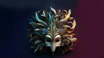 3d rendre de magnifique plume mascarade masque sur bleu et rose Contexte. carnaval concept. photo