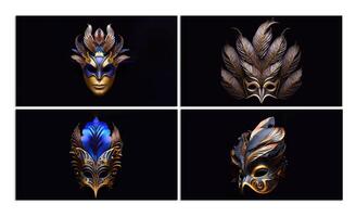 ensemble de vénitien visage masque avec magnifique plumes sur noir Contexte. 3d rendre. photo