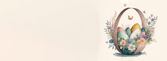 illustration de papillon avec oiseau personnages avec Oeuf à l'intérieur floral panier contre cosmique latté Contexte et copie espace. content Pâques journée concept. photo