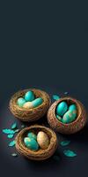 3d rendre de Trois Pâques des œufs nids avec feuilles sur foncé sarcelle Contexte et copie espace. content Pâques journée concept. photo