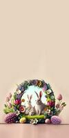 3d rendre de lapin famille avec coloré fleurs, Oeuf décoratif circulaire cambre contre pastel rose Contexte et copie espace. content Pâques concept. photo
